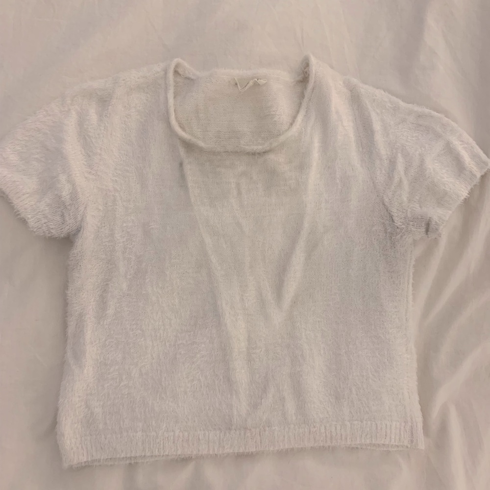 White fuzzy crop top from Dynamite